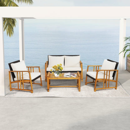 4 Pieces Patio Rattan Conversation Set with Seat and Back Cushions-Off White