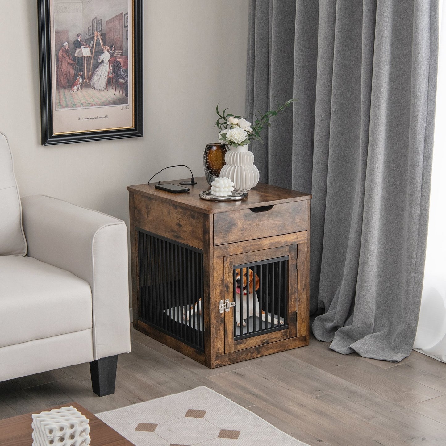 2-In-1 Dog House with Drawer and Wired Wireless Charging-Black