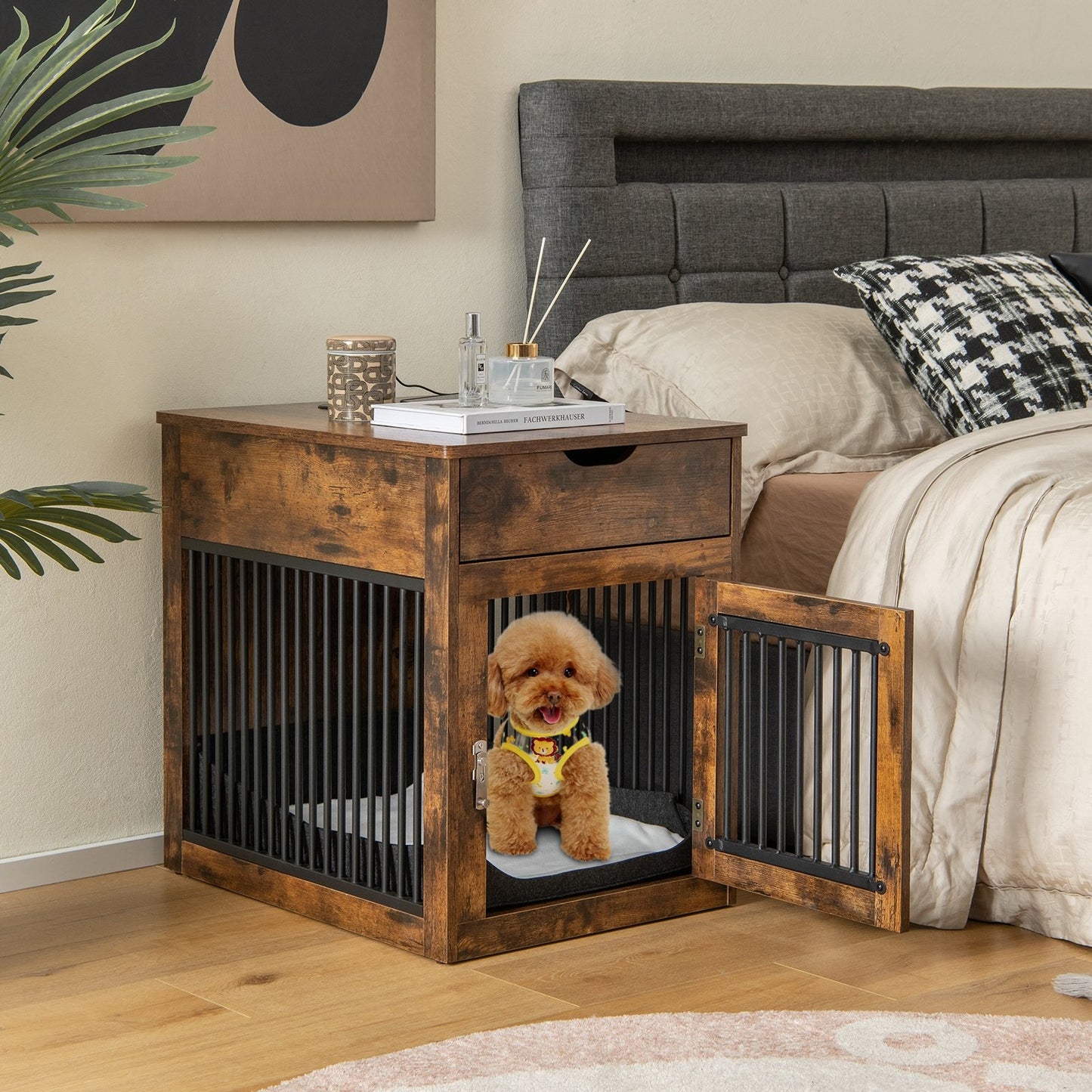 2-In-1 Dog House with Drawer and Wired Wireless Charging-Black