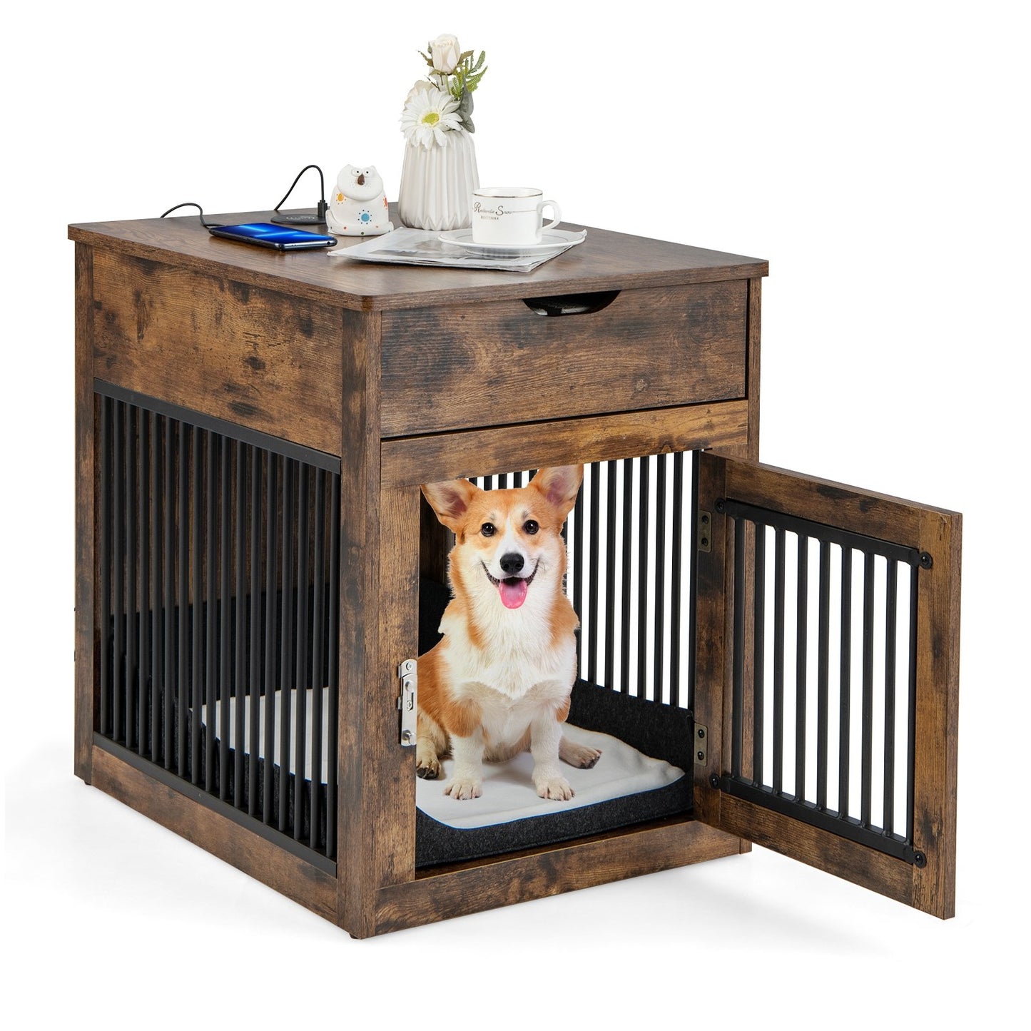 2-In-1 Dog House with Drawer and Wired Wireless Charging-Black