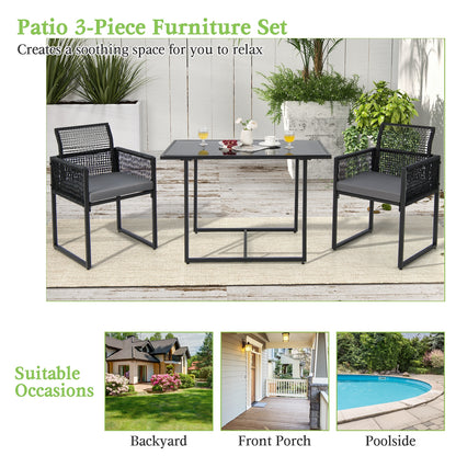 3 Pieces Outdoor Dining Set with Folding Backrest and Seat Cushions-Black