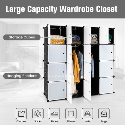 16-Cube Storage Organizer with 16 Doors and 2 Hanging Rods-Black