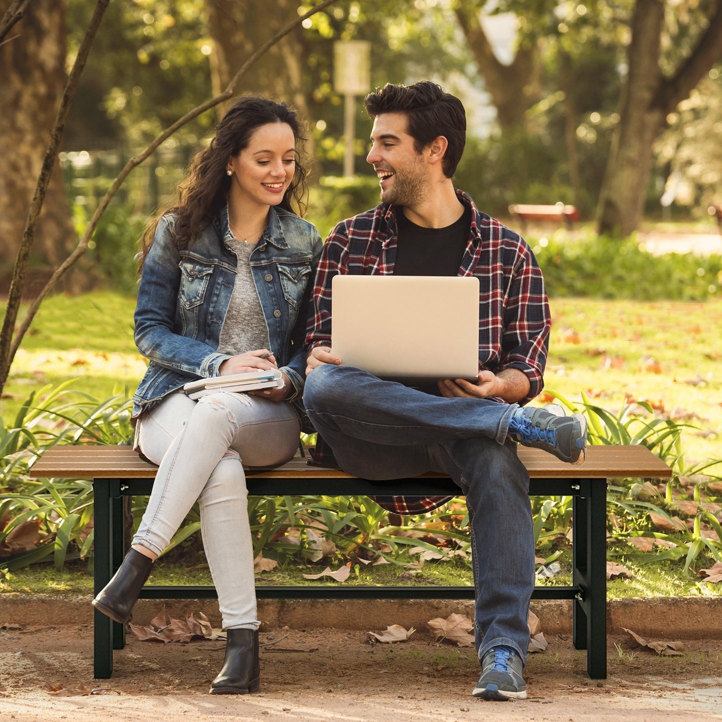 47 Inch Outdoor Chair with Slatted Seat Plastic Coated Iron Frame-Black