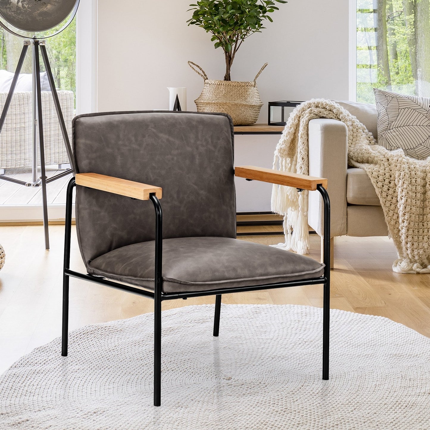 Brown PU leather accent chair with rubber wood armrests, modern living room furniture by Wilsons Home Store.