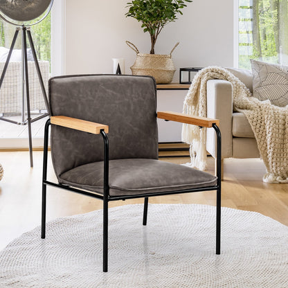 Brown PU leather accent chair with rubber wood armrests, modern living room furniture by Wilsons Home Store.
