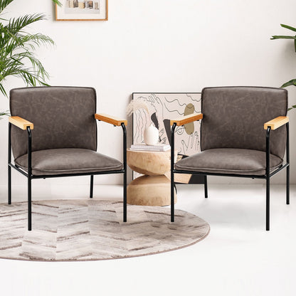 Brown PU leather accent chair with rubber wood armrests, stylish living room furniture by Wilsons Home Store.