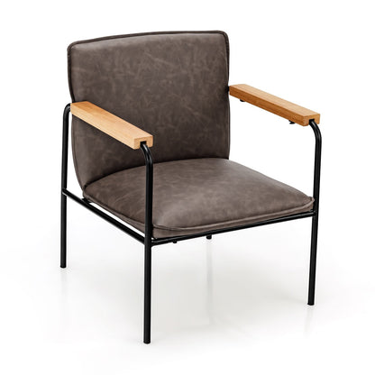 Brown PU leather accent chair with rubber wood armrests, stylish living room furniture by Wilsons Home Store.