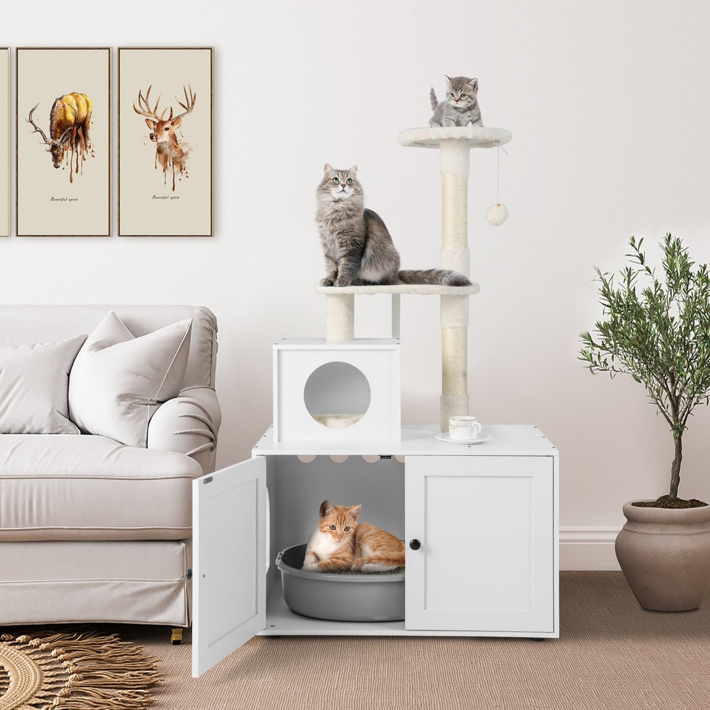 Cat Tree with Litter Box Enclosure with Cat Condo-Gray