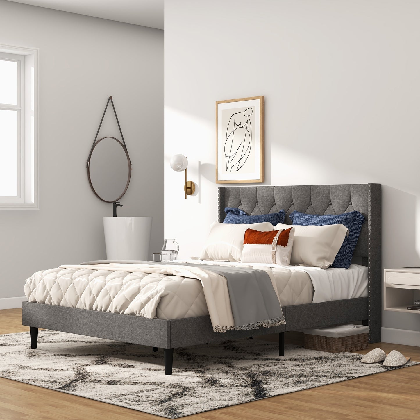 Full/Queen Size Upholstered Platform Bed with Button Tufted Headboard-Full Size
