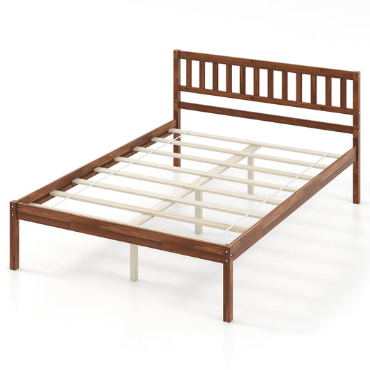 Full size wood bed frame with headboard and slat support, featuring a simple design in natural wood finish.