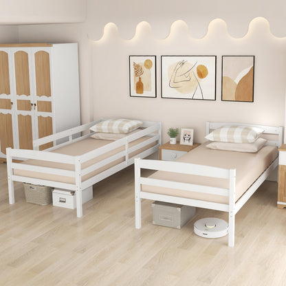 Solid Wood Twin Over Twin Bunk Bed Frame with High Guardrails and Integrated Ladder-Espresso