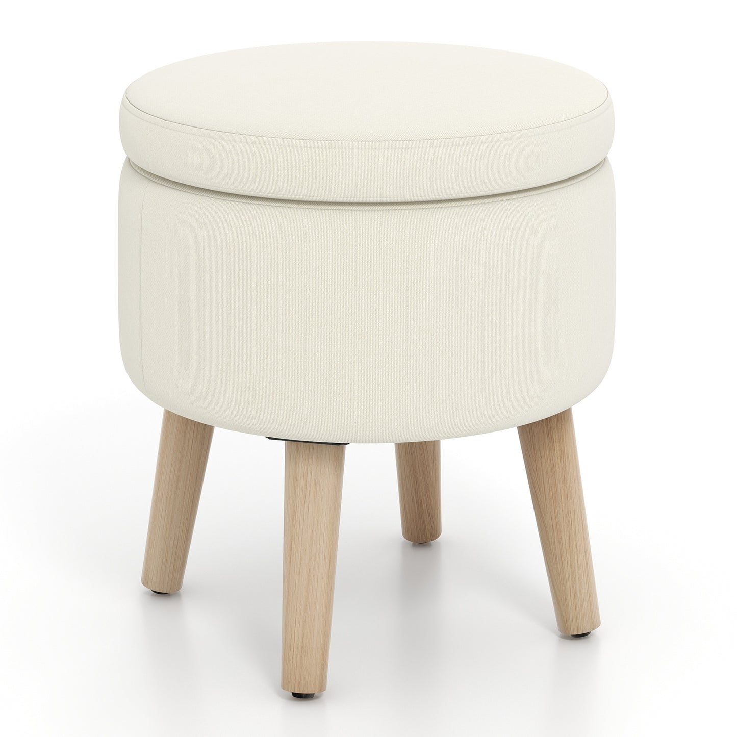 Round Storage Ottoman with Rubber Wood Legs and Adjustable Foot Pads-Beige