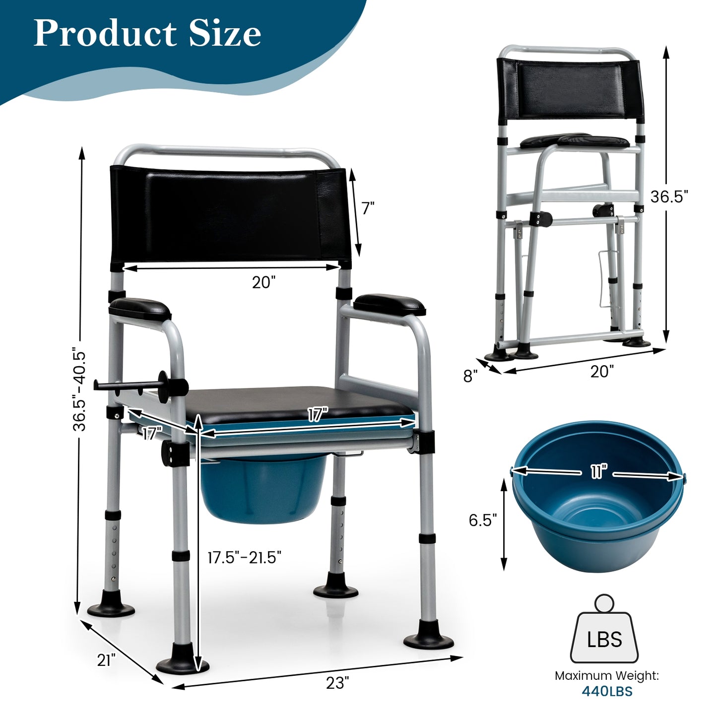 4-in-1 Folding Bedside Commode Chair with Detachable Bucket and Towel Holder