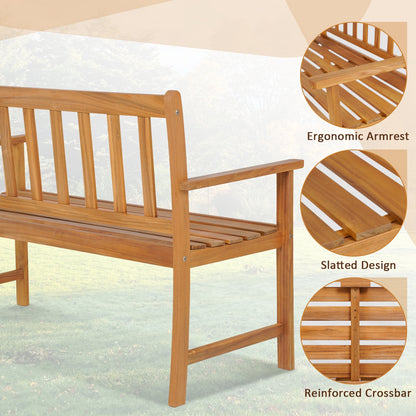 2-Person Patio Acacia Wood Bench with Backrest and Armrests