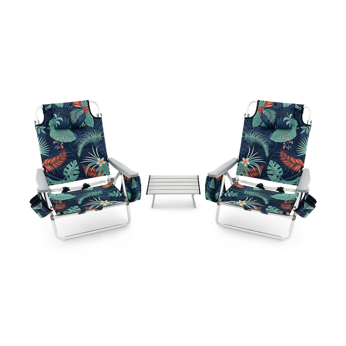 2 Packs 5-Position Outdoor Folding Backpack Beach Table Chair Reclining Chair Set-Blue