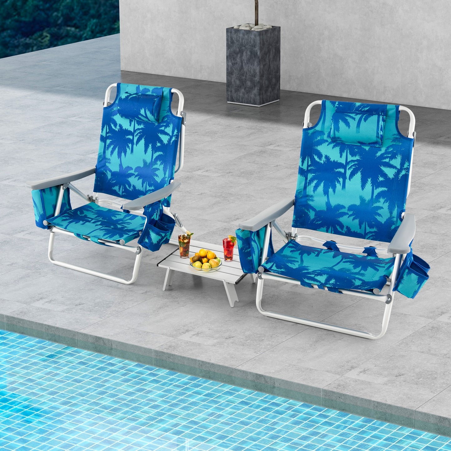 2 Packs 5-Position Outdoor Folding Backpack Beach Table Chair Reclining Chair Set-Blue