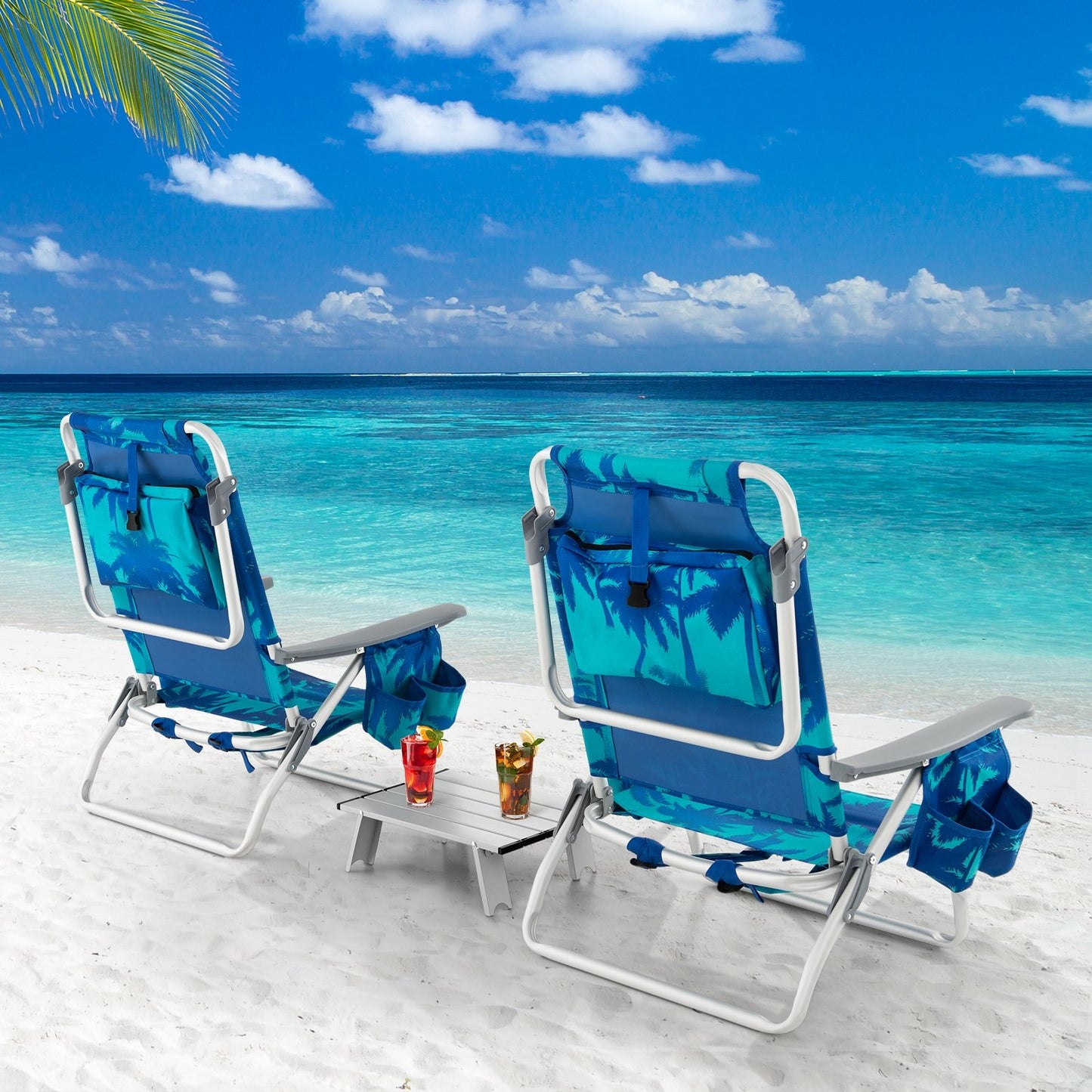 2 Packs 5-Position Outdoor Folding Backpack Beach Table Chair Reclining Chair Set-Blue