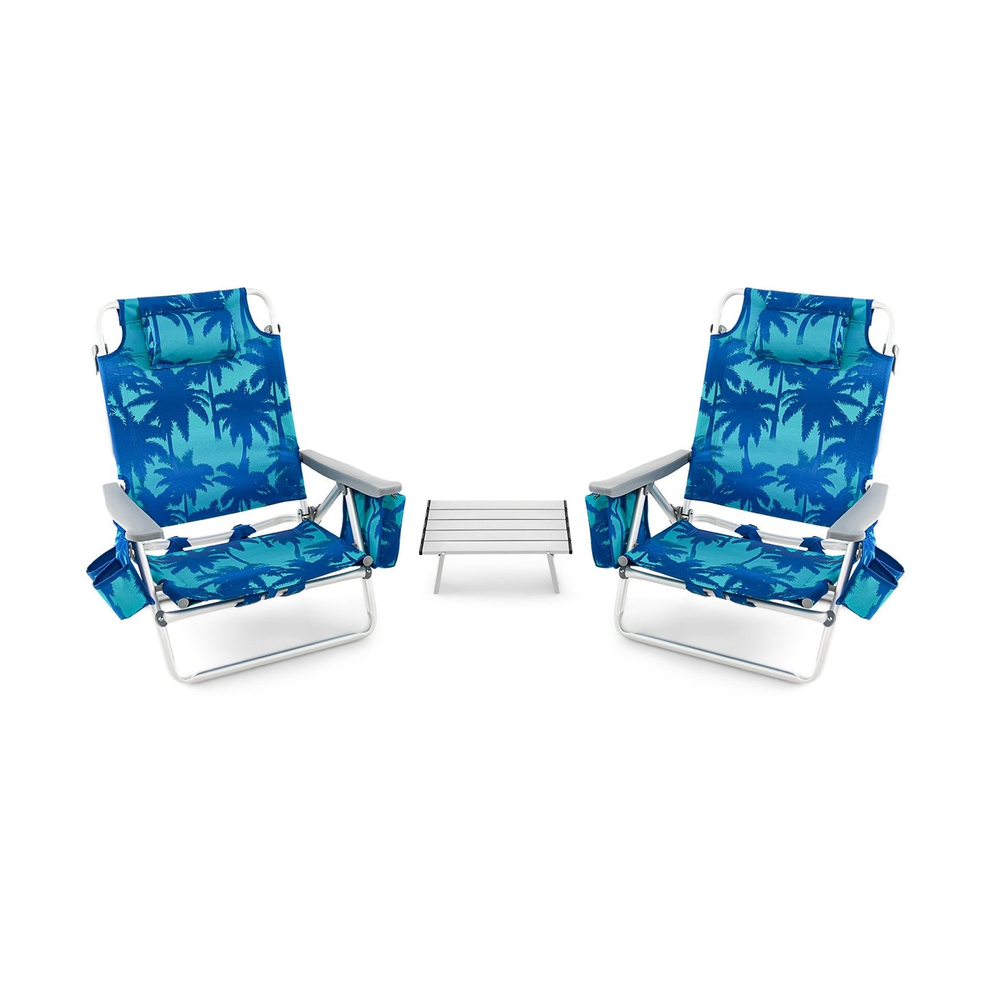 2 Packs 5-Position Outdoor Folding Backpack Beach Table Chair Reclining Chair Set-Blue