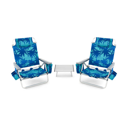 2 Packs 5-Position Outdoor Folding Backpack Beach Table Chair Reclining Chair Set-Blue