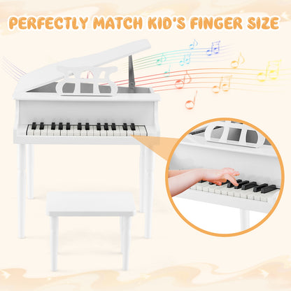 30-Key Wood Toy Kids Grand Piano with Bench and Music Rack-White