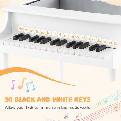 30-Key Wood Toy Kids Grand Piano with Bench and Music Rack-White