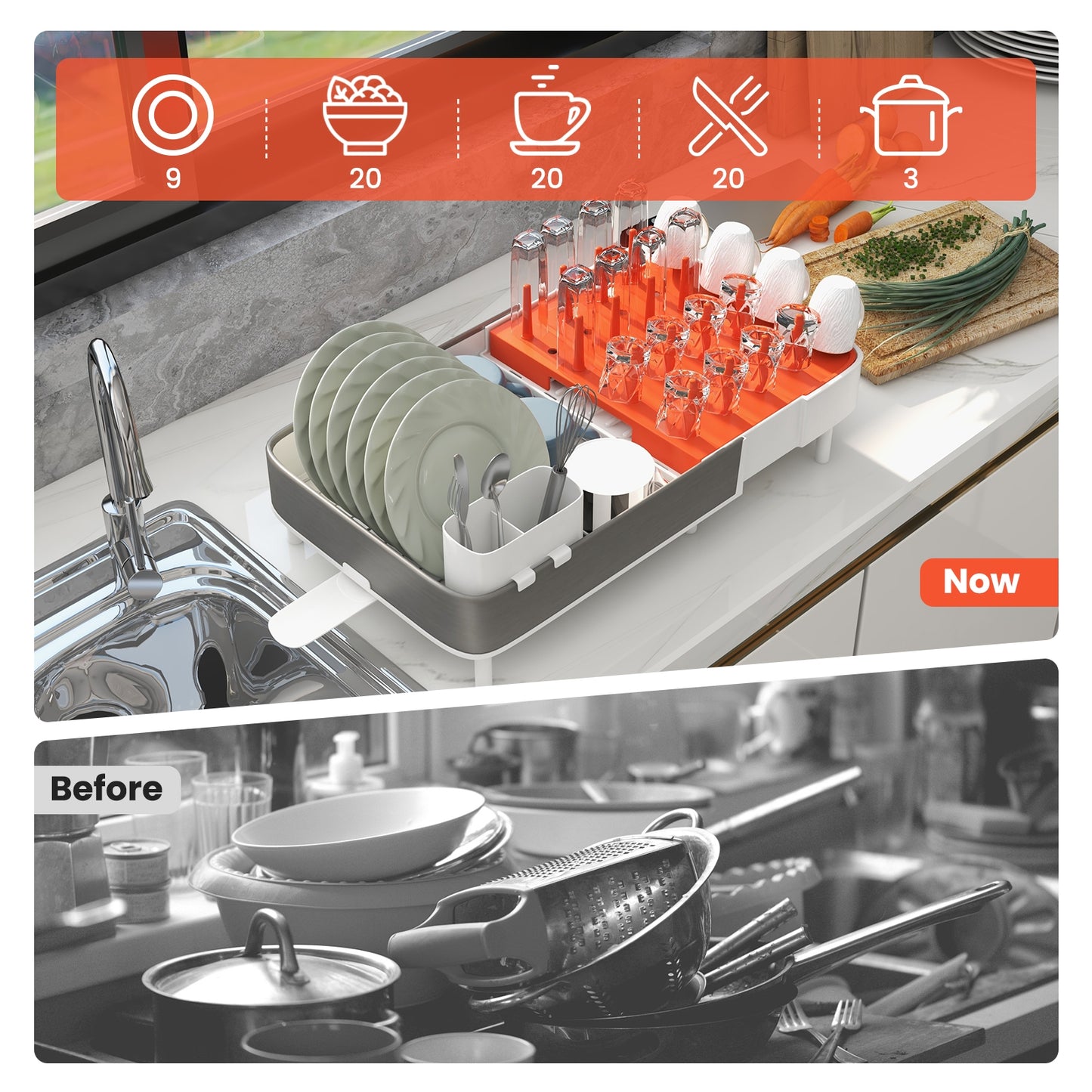 Expandable Dish Drying Rack Adjustable Dual-Part Dish Drainer with Detachable Utensil Holder