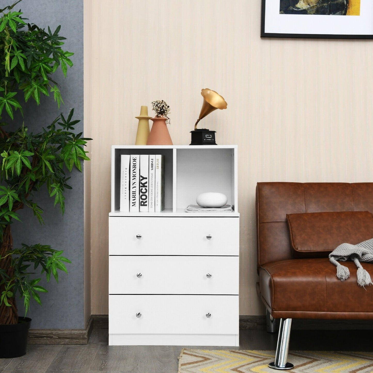 3 Drawer Dresser with Cubbies Storage Chest for Bedroom Living Room-Black