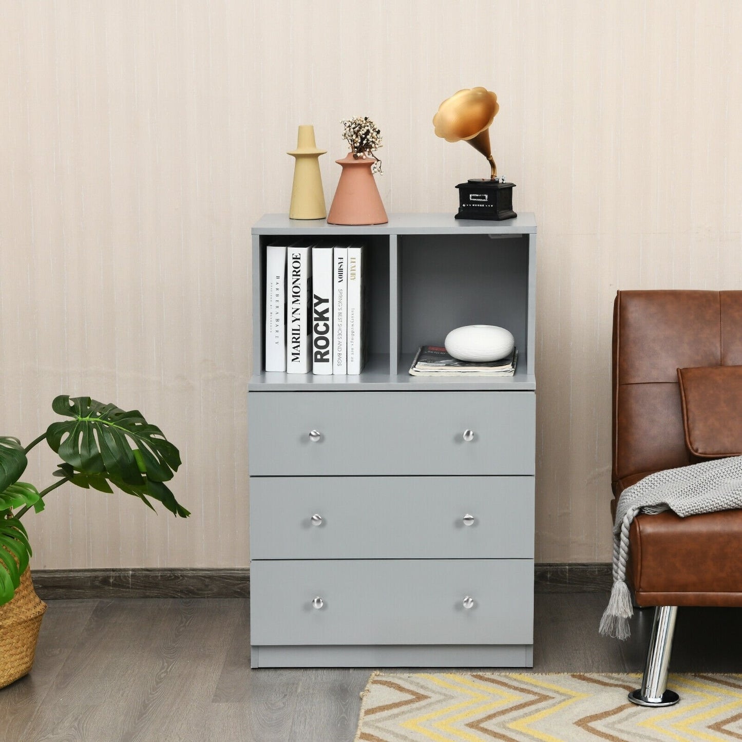 3 Drawer Dresser with Cubbies Storage Chest for Bedroom Living Room-Black