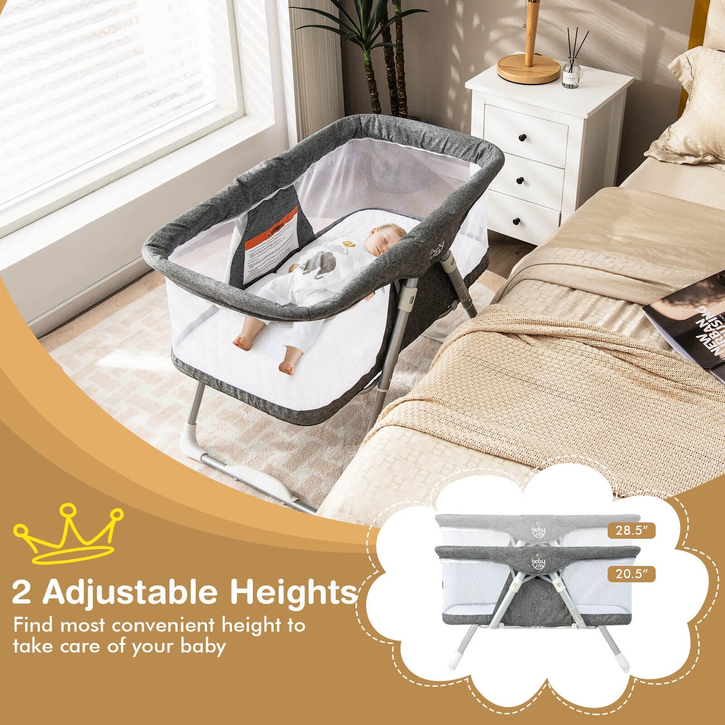 2-In-1 Baby Bassinet with Mattress and Net-Gray