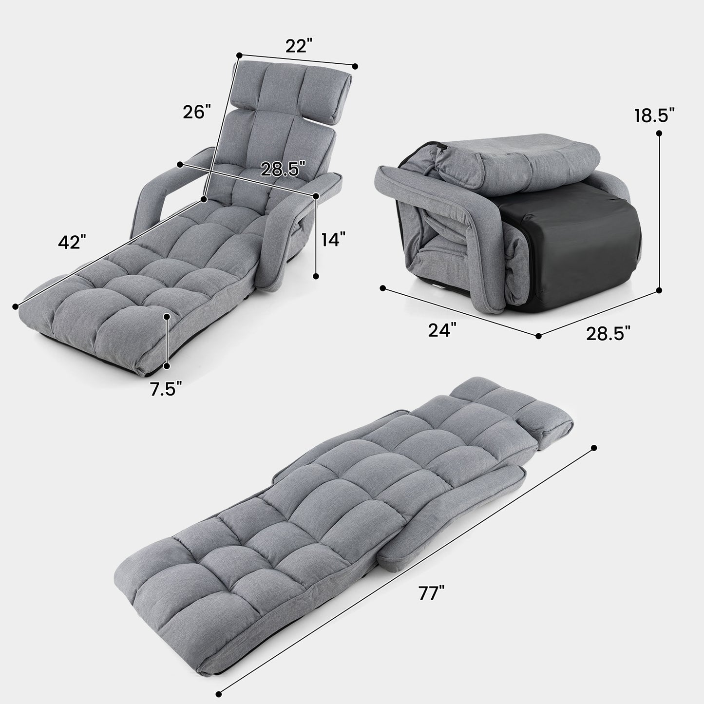 6-Position Adjustable Floor Chair with Adjustable Armrests and Footrest-Gray
