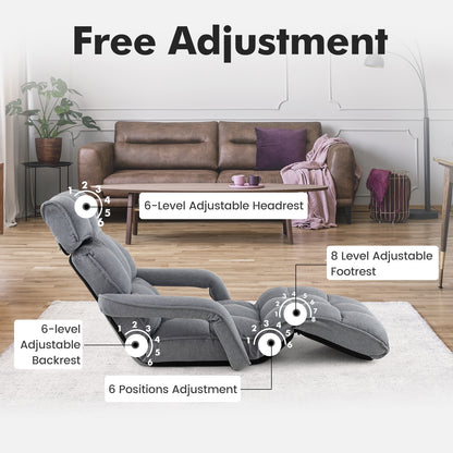 6-Position Adjustable Floor Chair with Adjustable Armrests and Footrest-Gray