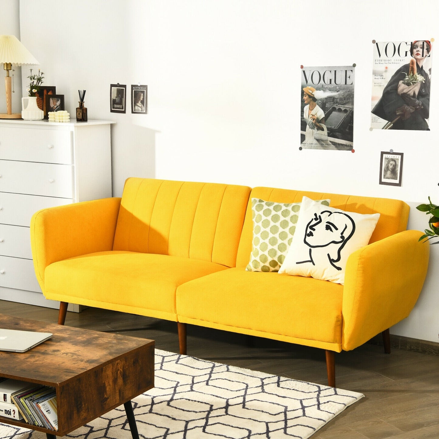 Convertible Futon Sofa Bed Adjustable Couch Sleeper with Wood Legs-Gray