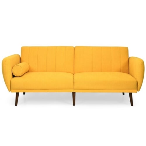 Convertible Futon Sofa Bed Adjustable Couch Sleeper with Wood Legs-Gray