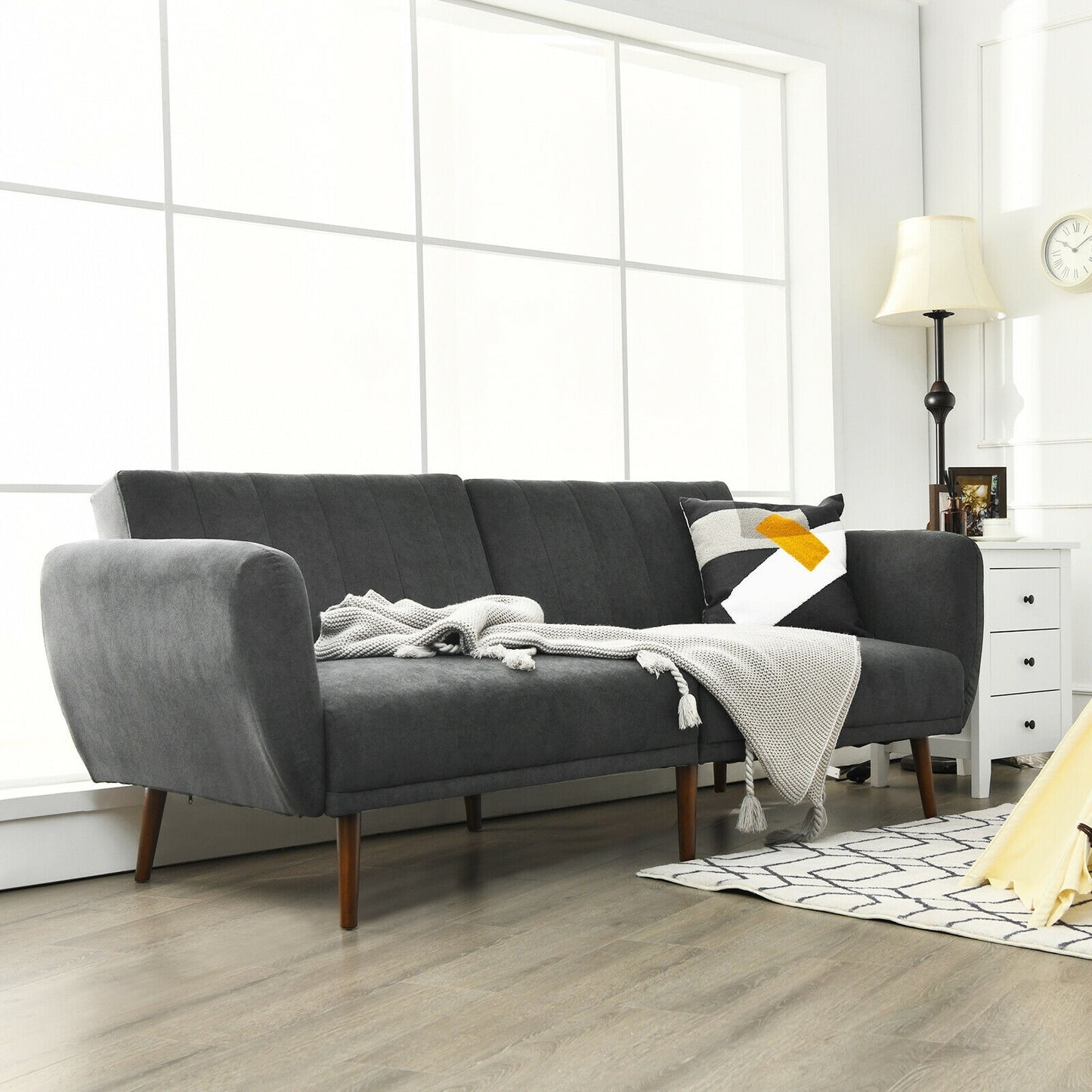 Convertible Futon Sofa Bed Adjustable Couch Sleeper with Wood Legs-Gray