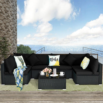 7-Piece Outdoor Sectional Wicker Patio Sofa Set with Tempered Glass Top-White