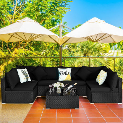 7-Piece Outdoor Sectional Wicker Patio Sofa Set with Tempered Glass Top-White