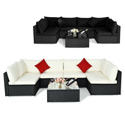 7-Piece Outdoor Sectional Wicker Patio Sofa Set with Tempered Glass Top-White
