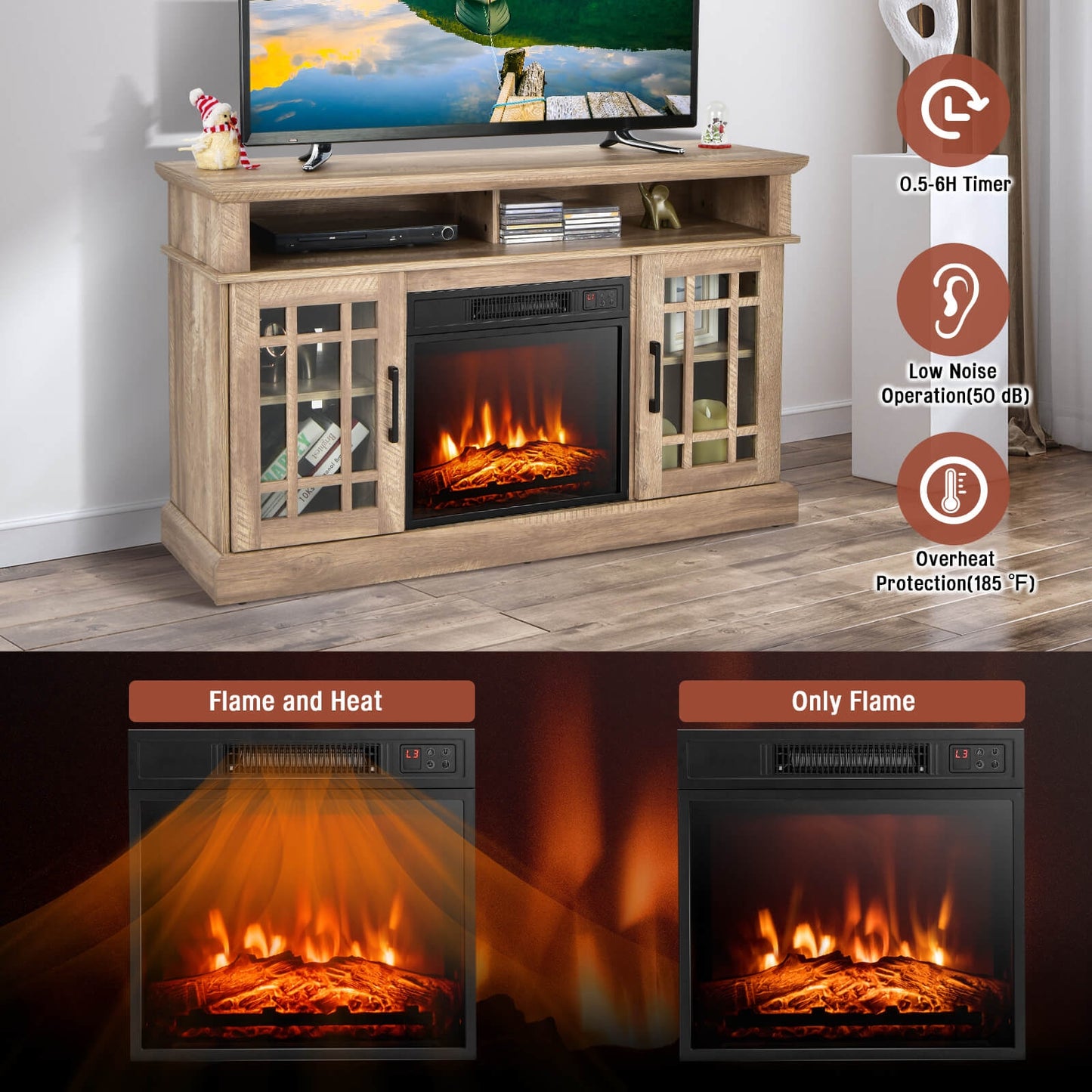 48 Inch Electric Fireplace TV Stand with Cabinets for TVs Up to 55 Inch-Natural