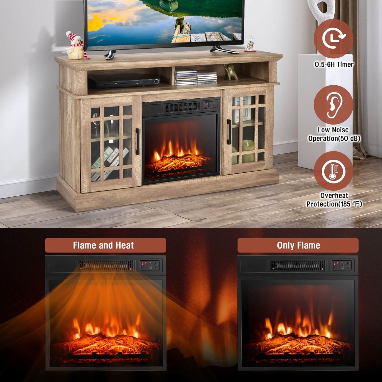 48 Inch Electric Fireplace TV Stand with Cabinets for TVs Up to 55 Inch-Black
