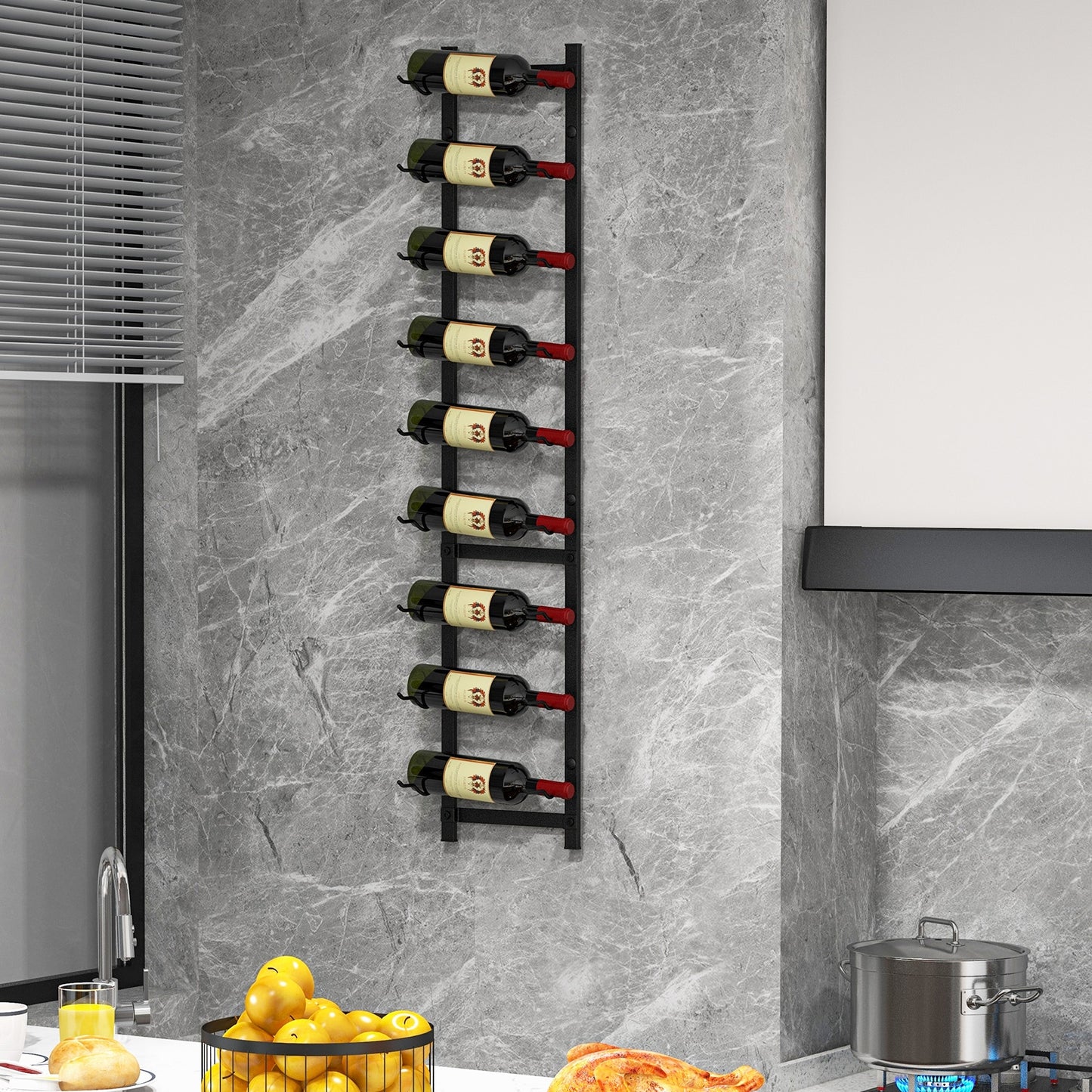 Rust-proof wall-mounted wine rack for 6 or 9 bottles by Wilsons Home Store, shown mounted on a kitchen wall with bottles stored.