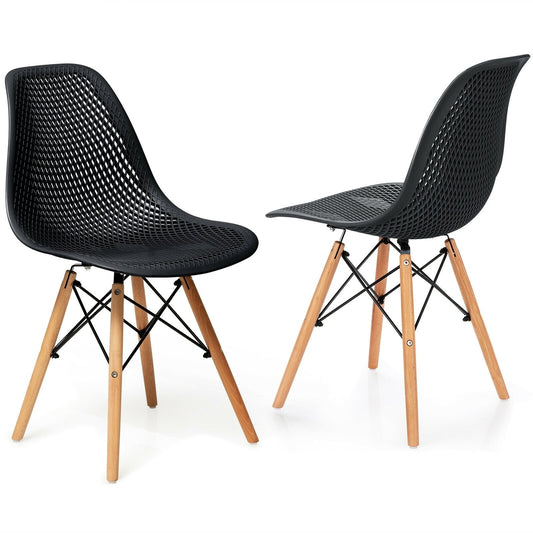 2 Pieces Modern Plastic Hollow Chair Set with Wood Leg-Black