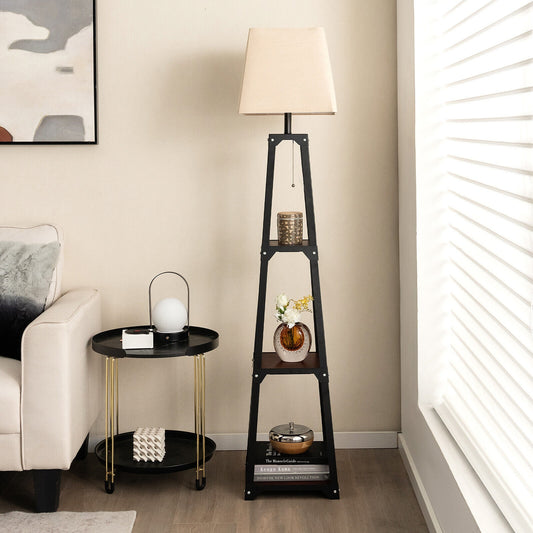 Trapezoidal Designed Floor Lamp with 3 Tiered Storage Shelf-Brown