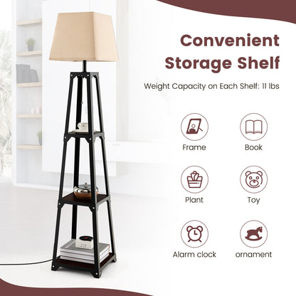 Trapezoidal Designed Floor Lamp with 3 Tiered Storage Shelf-Brown