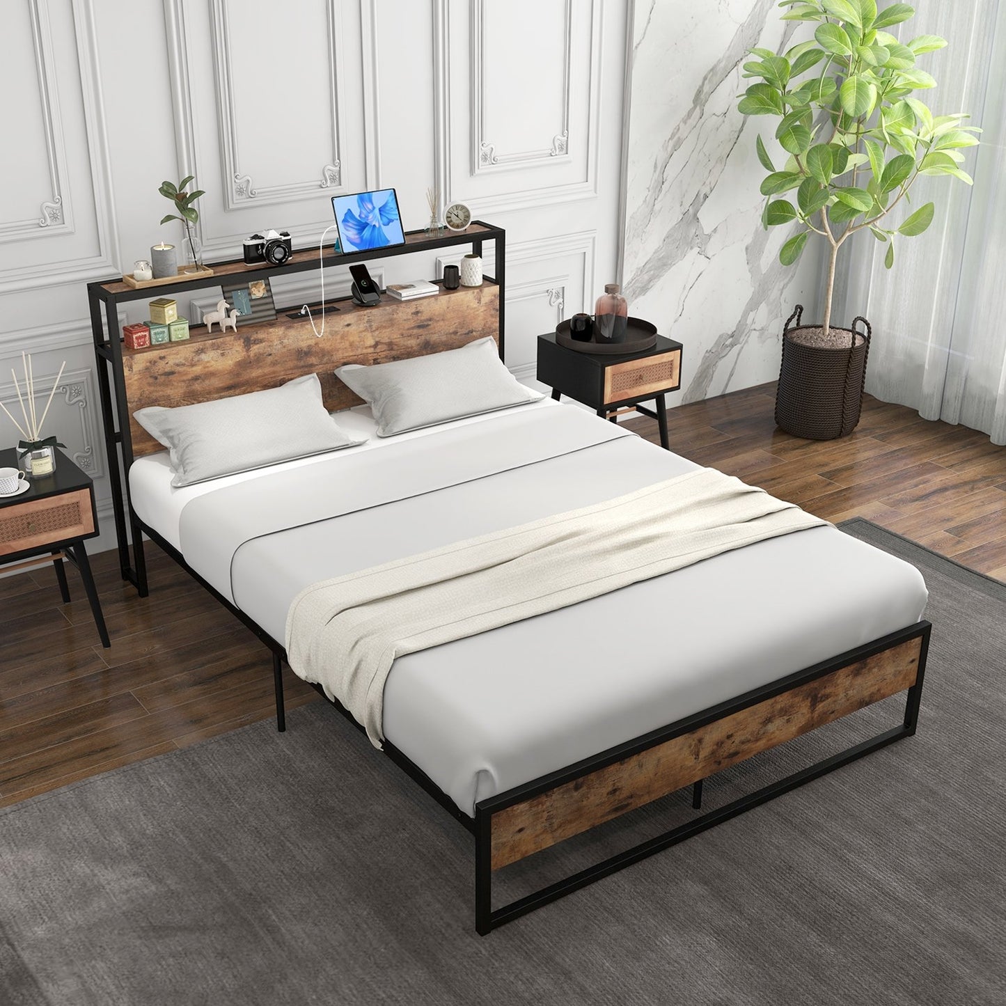 Full/Queen Bed Frame with 2-Tier Storage Headboard and Charging Station-Queen Size