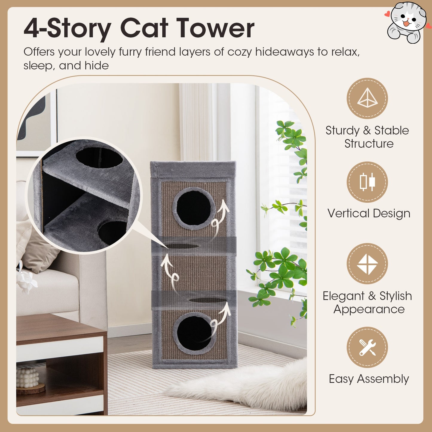 39 Inch Tall Cat Condo with Scratching Posts and 3 Hideaways and 4 Soft Plush Cushions-Gray