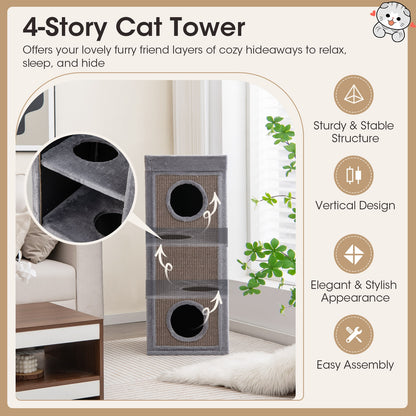 39 Inch Tall Cat Condo with Scratching Posts and 3 Hideaways and 4 Soft Plush Cushions-Gray