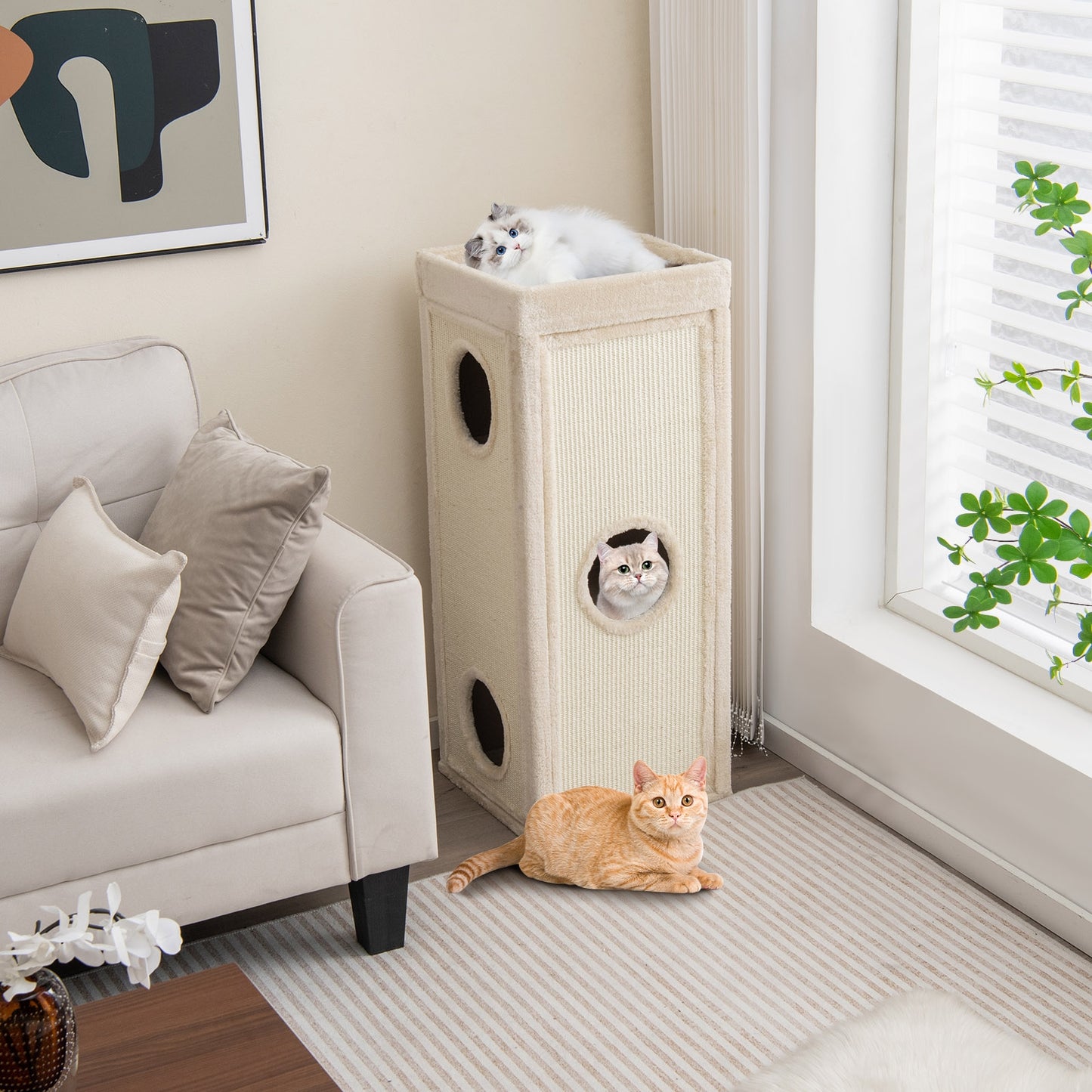 39 Inch Tall Cat Condo with Scratching Posts and 3 Hideaways and 4 Soft Plush Cushions-Gray