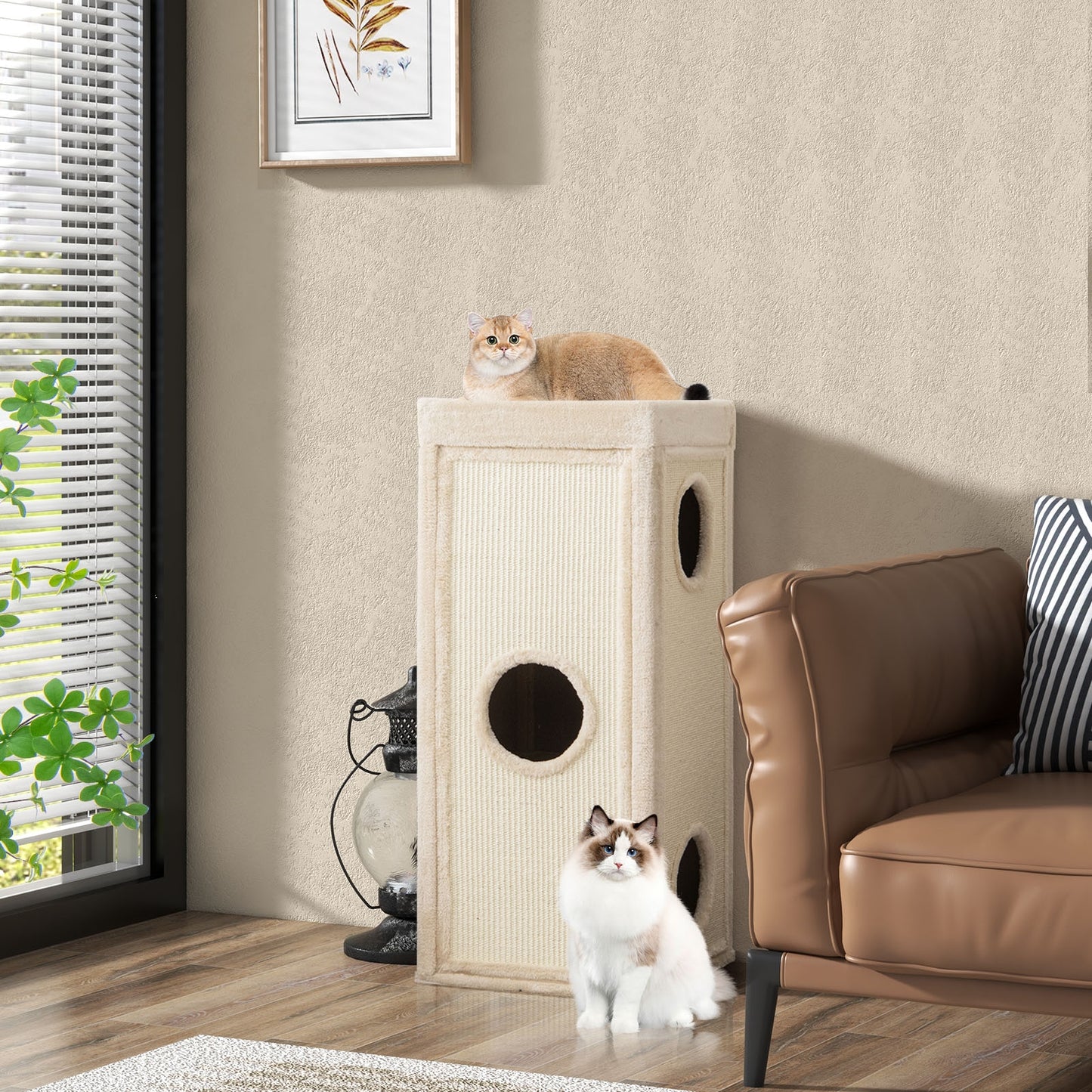 39 Inch Tall Cat Condo with Scratching Posts and 3 Hideaways and 4 Soft Plush Cushions-Gray