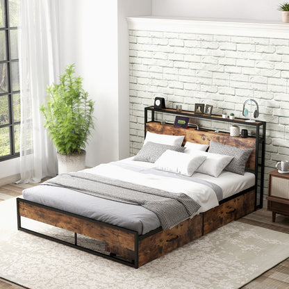 Full/Queen Bed Frame with 2-Tier Storage Headboard and Charging Station-Full Size