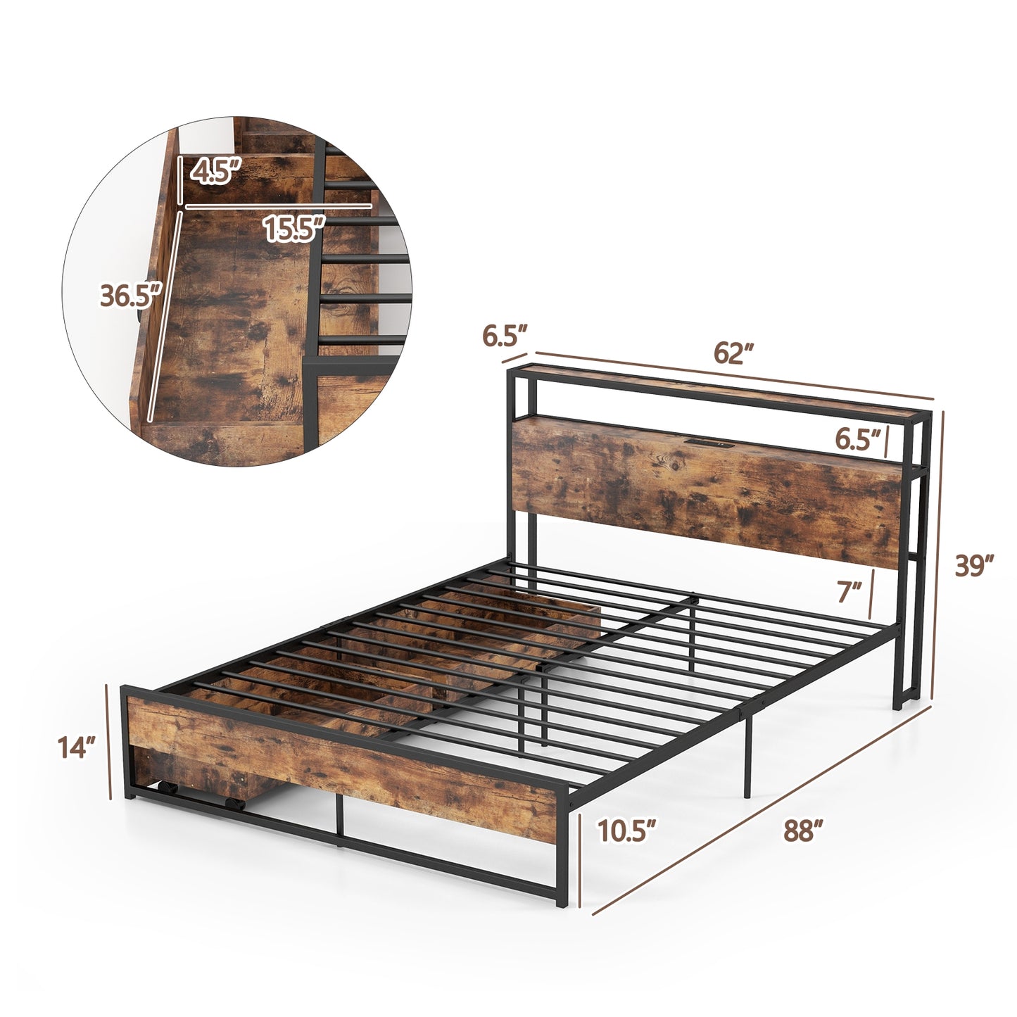 Full/Queen Bed Frame with 2-Tier Storage Headboard and Charging Station-Queen Size
